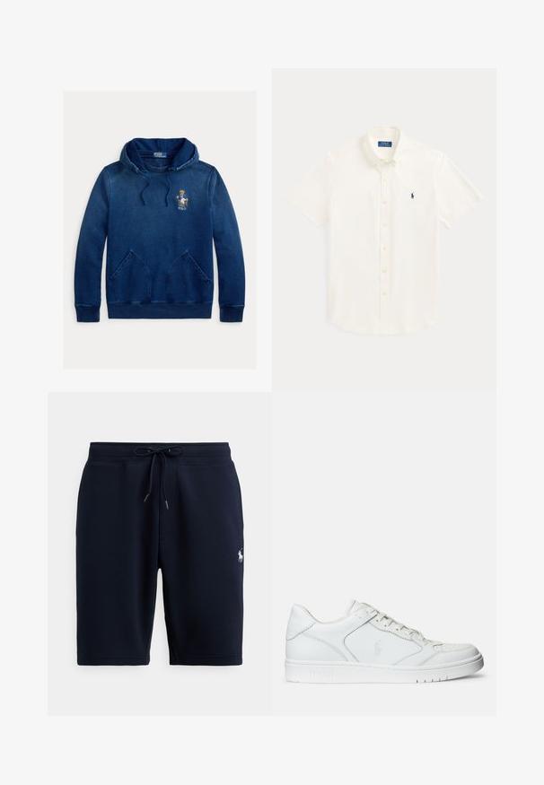 Sudadera con capucha azul marino con bolsillo canguro, capucha con cordón y oso Polo bordado con chaqueta sentado en una silla en el pecho.; Camisa blanca de manga corta con botones, cuello y pequeño logo azul marino de Polo Ralph Lauren en el pecho izquierdo.; Pantalones cortos deportivos de algodón azul marino con cintura elástica, cordón y detalle de logo en el lado izquierdo. Textura suave, longitud hasta la rodilla.; Zapatilla de cuero blanca con textura suave, que presenta una puntera perforada, cierre de cordones y logo bordado en el lateral. Suela de goma blanca.