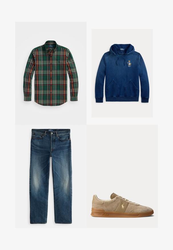 Marineblaue Kapuzenjacke mit Kängurutasche, Kordelzug an der Kapuze und gesticktem Polo-Bären mit Jacke, der auf einem Stuhl auf der Brust sitzt.; Grün kariertes Hemd mit Knöpfen, in dem orange, marine und weiße Streifen eingearbeitet sind. Es verfügt über einen klassischen Kragen und lange Ärmel und besteht aus weichem Baumwollstoff.; Indigoblaue Denim-Jeans mit geradem Bein, Fünf-Taschen-Design und subtilen Verblassungen an den Oberschenkeln. Metallknopf- und Reißverschlussverschluss.; Beiger Wildleder- und Leder-Low-Top-Sneaker mit Gummisohle, weißen Schnürsenkeln und Polo-Logo an der Seite und an der Sohle.