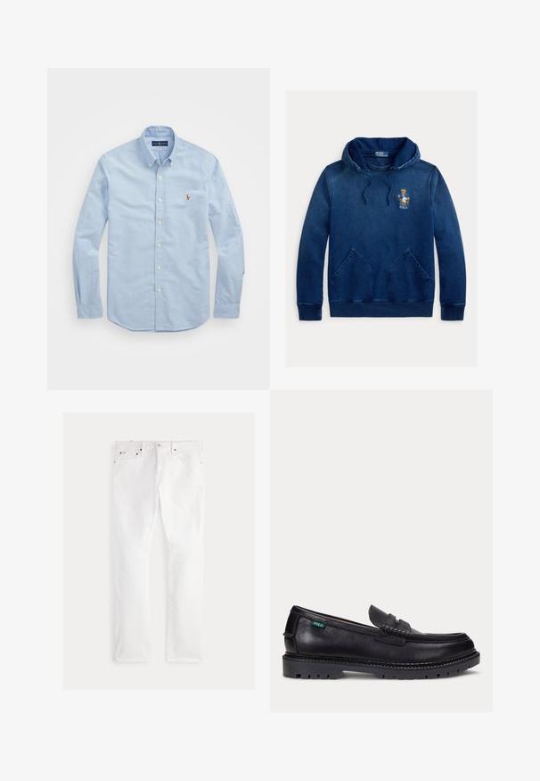 Marineblauwe hoodie met kangoeroezak, trekkoord in de capuchon en geborduurde Polo beer met jas zittend op een stoel op de borst.; Lichtblauwe overhemd met lange mouwen, gemaakt van katoen, met een klassieke kraag en een klein rood geborduurd logo op de borst.; Witte denim jeans met een rechte pijp, voorzien van vijf zakken, koperen details en subtiele stikselaccenten. Gladde textuur met een nette afwerking.; Zwarte leren loafer met dikke geprofileerde zool en klein groen "Polo" label aan de buitenkant bij de hiel.