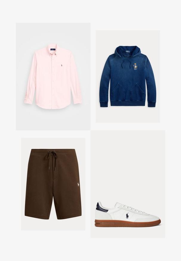 Marineblauwe hoodie met kangoeroezak, trekkoord in de capuchon en geborduurde Polo beer met jas zittend op een stoel op de borst.; Lichtroze overhemd met lange mouwen en een button-down kraag, voorzien van een klein geborduurd logo op de linkerborst, gemaakt van een soepele katoenstof.; Bruine heren mid-lengte shorts met trekkoord in de taille en een klein wit geborduurd polospelerlogo op de linker dij.; Witte lage sneaker met bruine zool, zwarte hielpatch, geborduurd logo van een polo-speler en witte veters.