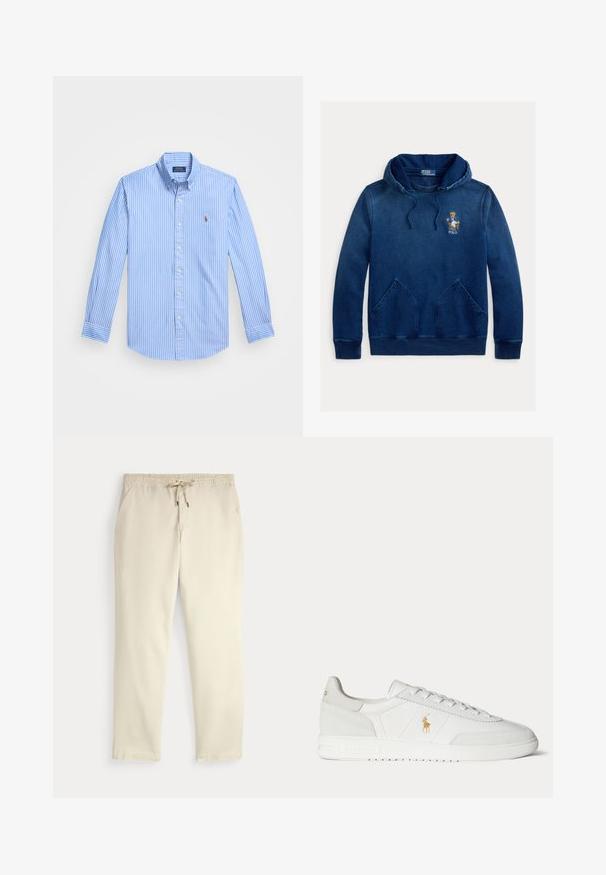 Marineblaue Kapuzenjacke mit Kängurutasche, Kordelzug an der Kapuze und gesticktem Polo-Bären mit Jacke, der auf einem Stuhl auf der Brust sitzt.; Gestreifte Langarm-Baumwollhemd in Blau und Weiß mit spitzem Kragen und Logo-Emblem auf der Brust. Das Material hat eine glatte Textur.; Beige legere Hosen mit elastischem Bund und Kordelzug, gerade Hosenbeine und seitlichen Taschen vor einem einfarbigen Hintergrund.; Weißer Sneaker in niedriger Ausführung mit Schnürdesign, goldenem Polo Ralph Lauren Logo an der Seite und strukturierter Sohle auf einfarbigem Hintergrund.