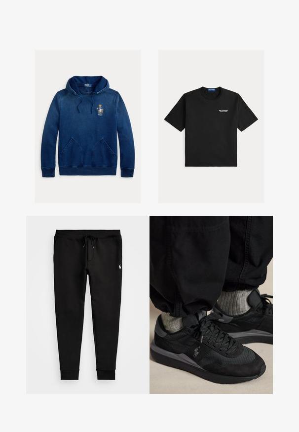 Marineblauwe hoodie met kangoeroezak, trekkoord in de capuchon en geborduurde Polo beer met jas zittend op een stoel op de borst.; Zwart katoenen T-shirt met korte mouwen, voorzien van een ronde hals en een geborduurd "Polo Sport Ralph Lauren" logo in wit op de linkerborst.; Zwarte sweatpants van zacht materiaal, met een trekkoord in de taille, aangesloten boorden en een klein wit logo op het linkerpoot.; Zwarte sneakers met veters en een grijs logo, gedragen met grijze sokken en een zwarte broek op een beige vloer.