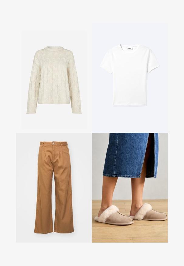 Envii FIONA - Pullover - beige; T-shirt blanc uni à manches courtes et col rond avec une petite étiquette "WEEKDAY" à l'intérieur de l'encolure, présenté à plat sur un fond clair.; Pantalons taille haute beige clair à jambe large en tissu texturé, avec des plis avant et une fermeture à bouton unique à la taille.; UGG SCUFFETTE II - Chaussons - sand