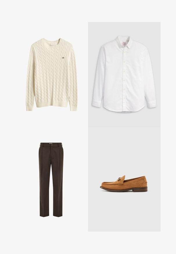 Pull torsadé couleur crème avec manches longues, col rond et petit logo brodé sur la poitrine gauche.; Chemise blanche à boutons en coton avec manches longues, col classique et ourlet arrondi. Dotée de boutons jaunes et d'un branding discret.; Pantalon marron foncé sur mesure avec plis à l'avant, passants de ceinture, fermeture par bouton et coupe droite.; Mocassin pour homme en daim marron clair avec détail en métal et couture mocassin, présenté en profil sur un fond blanc uni.