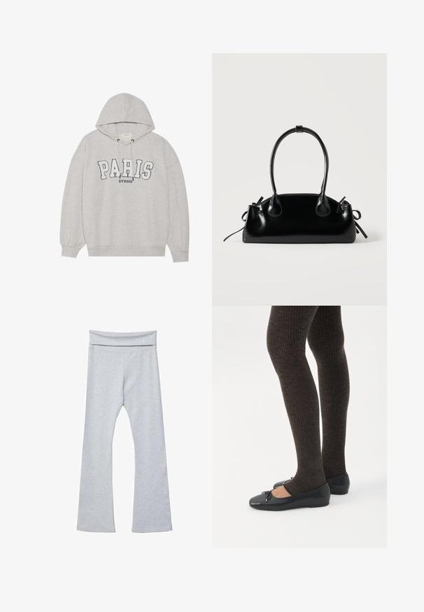 Hoodie gris en tissu doux, avec un graphique sur le devant portant la mention "PARIS STUDIO" en lettres navy audacieuses. Il possède une capuche avec cordon de serrage et des poignets côtelés.; Leggings grises évasés avec une large ceinture douce, fabriquées dans un tissu lisse et extensible. Présentent une coupe ajustée et une longueur cheville.; Jambes portant des leggings côtelés foncés associés à des ballerines noires avec de petits détails en nœud sur fond blanc.; Petit sac à main noir brillant avec deux longues anses et des détails à cordon sur les côtés sur un fond clair uni.