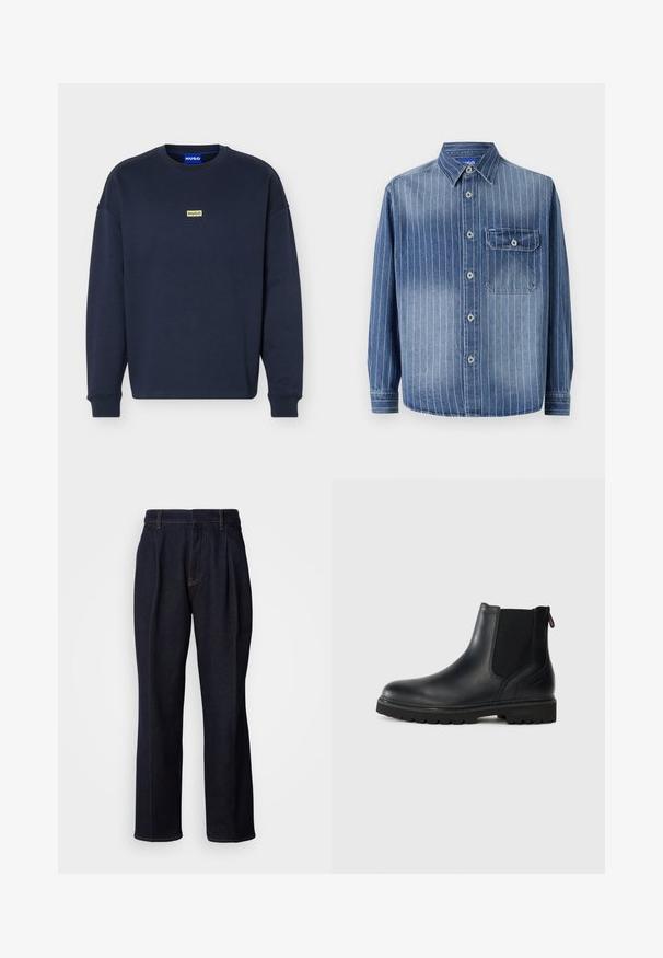 Sweat-shirt bleu marine à manches longues avec col rond, petit logo jaune "HUGO" sur la poitrine et étiquette bleue à l'intérieur du col.; Chemise en denim avec des rayures verticales bleu clair, col classique, fermeture à boutons, poche sur la poitrine gauche et manches longues avec poignets boutonnés.; Jean en denim large à jambes bleues foncées avec des plis devant et des coutures orange, présenté sur fond blanc.; Bottine noire en cuir avec des panneaux latéraux en élastique, bout rond et semelle en caoutchouc robuste avec de profonds crampons pour une meilleure adhérence.