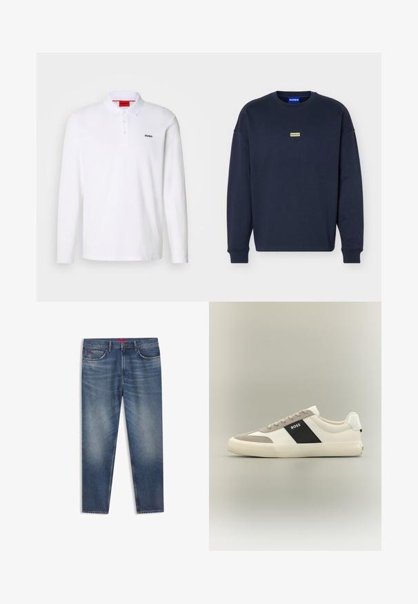 Marineblå langærmet sweatshirt med rund hals og lille gul "HUGO"-logo på brystet samt blå label inde i kraven.; Hvid langærmet polo-skjorte lavet af bomuld med krave, tre-knaps stolpe og sort "HUGO" logo på venstre bryst.; Blå denimjeans med klassisk design, med knaplukning, fem lommer og subtil falmning. Straight leg-cut, medium vask.; Hvid og lysegrå lavtop-sneaker med sort sidepanel med "BOSS"-logo, tekstureret gummisål og beige snørebånd på neutral baggrund.