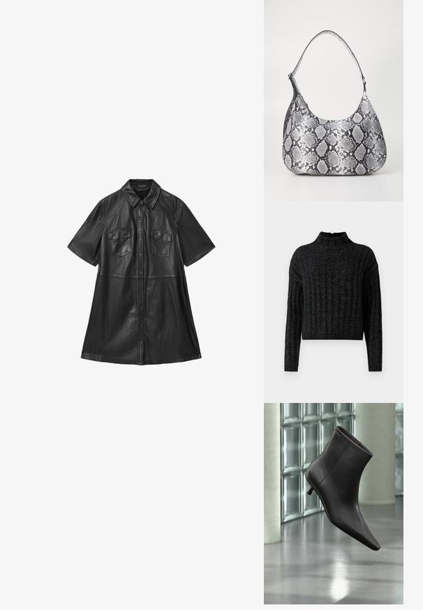 Sort chunky strikket sweater med ribbet mønster, lange ærmer og en kort ståkrave.; Sort læder skjortekjole med kortærmer, krave, to brystlommer og frontknaplukning. Glat tekstur med skræddersyede sømme.; Sort læderankelstøvle med spids tå og lille hæl vist mod en væg af glasblokke og poleret gulv baggrund.; Sort-hvid slangemønster skuldertaske med en rund form, glat tekstur og en buet rem. Har et sølvfarvet hardware-accents.