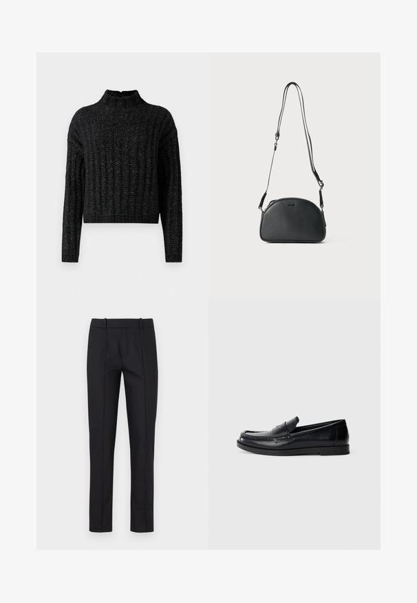 Jersey grueso negro de punto con patrón de relieve, mangas largas y un cuello corto alzado.; Pantalones negros ajustados con corte slim, parte delantera plana y dos bolsillos traseros. Confeccionados con un tejido suave y un detalle de costura sutil a lo largo de las costuras.; Mocasines de cuero negro con un diseño de acento cosido, punta redonda, suela de goma plana y un acabado suave. Silueta clásica y versátil.; Bolso bandolera de cuero negro con forma redondeada, dos correas ajustables y un logo sutil en la parte frontal. Exterior texturizado, diseño minimalista.