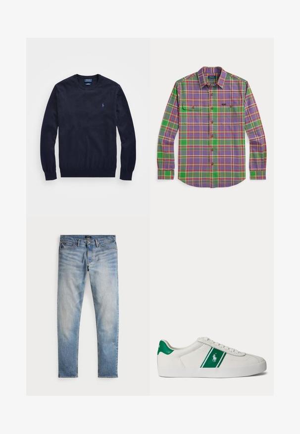 Mørkeblå crewneck sweater med lange ærmer og et lille broderet Polo Ralph Lauren-logo på venstre bryst.; Langærmet skjorte med knapper, med grøn og lilla ternet mønster, to brystlommer og en krave, lagt fladt på en hvid baggrund.; Lys blå denimjeans med en falmet finish, fem-lomme design og kontraststing. Har lynlås og bæltesløjfer. Lige pasform.; Hvid low-top sneaker med grøn stribe og Polo-logo på siden, grøn hæl-flik og hvide snørebånd, vist fra venstre side på ensfarvet baggrund.