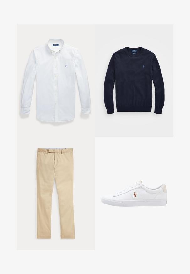 Navyblauer Crewneck-Pullover mit langen Ärmeln und kleinem besticktem Polo Ralph Lauren Logo auf der linken Brust.; Weißes, langärmeliges Hemd mit Knopfleiste und Kragen, Polo Ralph Lauren-Logo auf der linken Brust gestickt.; Beige gerade Hose mit Gürtelschlaufen und einem vorderen Reißverschluss, flach auf weißem Hintergrund gelegt.; Weiße Leinensneaker im Low-Top-Design mit einem beigen Ferseneinsatz und einem kleinen gestickten Logo an der Seite. Gummisohle.