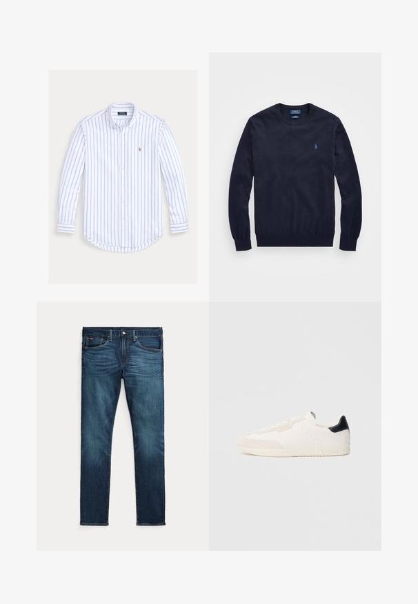 Marineblauwe rondehals trui met lange mouwen en een klein geborduurd Polo Ralph Lauren-logo op de linkerborst.; Overhemd met lange mouwen en knopen, lichtblauwe verticale strepen en een klein geborduurd logo op de linkerborst.; Donkerblauwe slim-fit jeans met vooraan een knoop en ritssluiting, vijf zakken en subtiel vervagen op de voorkant van de dijen en knieën.; Witte leren sneakers met suède accenten, voorzien van een zwarte hielrand, vetersluiting, geperforeerde details en subtiele merkopdruk aan de zijkant.