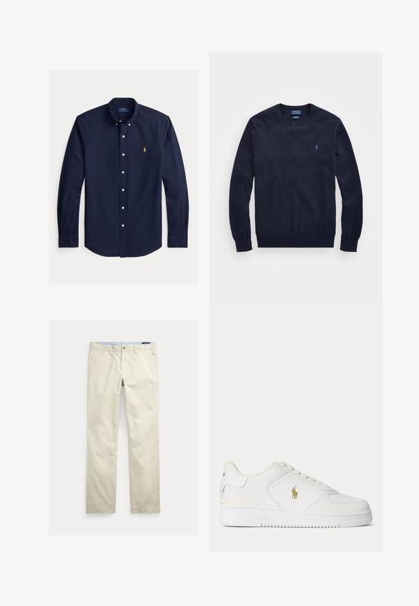 Marineblå crewneck sweatshirt lavet af bomuld, med ribbede mansjetter og kant, samt et lille broderet logo på brystet.; Mørkeblå skjorte med lange ærmer, knapper foran, knappede kraver og lille gul Polo Ralph Lauren logo på venstre bryst.; Beige bomuld straight-leg bukser med bæltestropper, forreste knap, lynlås og sidelommer.; Hvid lavtopet lædersneaker med hvide snørebånd og et gyldent Polo Ralph Lauren-logo på siden samt "Polo" præget på sålen.
