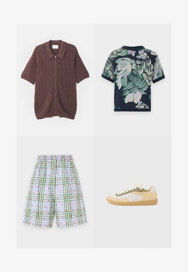 Suéter de punto azul marino con un vibrante patrón floral en verde y lavanda, con cuello redondo acanalado y mangas cortas.; Camisa de punto burdeos de manga corta con cremallera, con un patrón de olas texturizadas y un cuello abierto, que presenta puños y dobladillo acanalados.; Pantalones cortos de cuadros verdes y azules con cintura elástica, con un patrón de cerezas rojas. Diseño ligero y casual con bolsillos laterales.; Zapatilla baja con ante beige, paneles de malla blanca, detalles en oliva, cordones blancos y suela de goma color caramelo sobre un fondo gris claro.