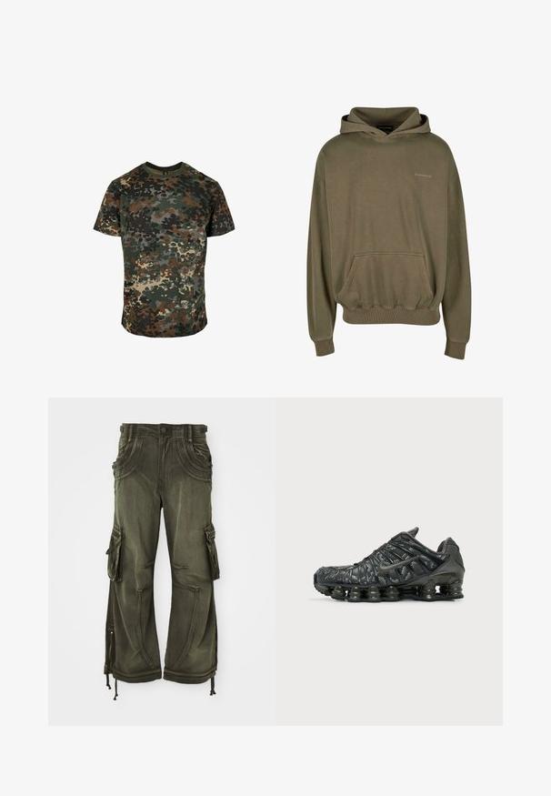 Sudadera color oliva hecha de tela suave, con un bolsillo frontal, puños de canalé y un cordón en la capucha, con un sutil detalle de logo.; Camiseta de camuflaje hecha de algodón, con un estampado multicolor en verde, marrón y negro. Cuello redondo y mangas cortas.; Pantalones cargo verde oliva de algodón con un corte holgado, que cuentan con bolsillos laterales, cremalleras en los tobillos y cordones en el dobladillo.; Zapatilla de running negra de Nike con amortiguación segmentada en la suela y patrón moteado blanco en la parte superior de la tela, vista desde el exterior.