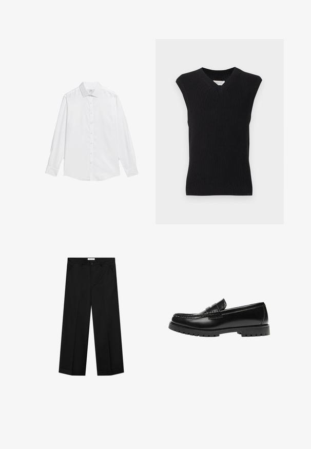 Gilet tricoté noir sans manches avec col en V et bord côtelé présenté sur un fond clair uni.; Chemise blanche à boutons en tissu lisse, avec un col classique, des manches longues et un ourlet droit sans motifs ni accents.; Pantalon noir à jambes larges en tissu lisse, doté de poches avant, d'une fermeture par bouton et d'un pli marqué sur chaque jambe.; Mocassin en cuir noir avec une semelle en caoutchouc épaisse et un détail classique de bride à monnaie, vu de côté extérieur.