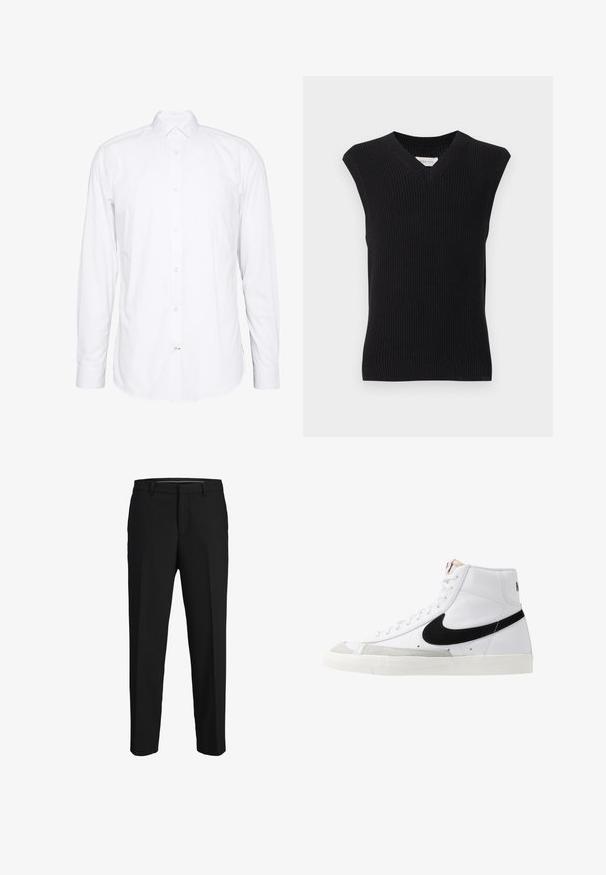 Gilet tricoté noir sans manches avec col en V et bord côtelé présenté sur un fond clair uni.; Chemise blanche à manches longues en coton. Présente un col, une fermeture à boutons sur le devant et des poignets à un bouton. Texture lisse, design épuré.; Pantalons noirs en tissu lisse, présentant une coupe droite, des passants de ceinture et un devant plat sans motifs ni embellissements visibles.; Baskets montantes blanches avec un swoosh noir, un capuchon de pied texturé gris et une semelle plate blanche. Elles possèdent six œillets et des accents cousus.