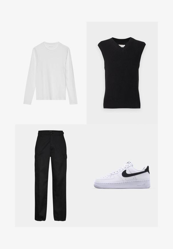 Chaleco de punto sin mangas negro con cuello en V y ribete acanalado mostrado sobre un fondo claro y liso.; Camiseta blanca de manga larga hecha de algodón suave, con cuello redondo y una textura lisa sin patrones ni detalles visibles.; Pantalones cargo negros con corte recto, con bolsillos laterales, cierre de botón y puños elásticos en los tobillos. Fabricados con material resistente.; Zapatilla blanca de cuero con un Swoosh negro texturizado, cordones planos y una suela de goma con un patrón estriado. "AIR" está grabado en el talón.