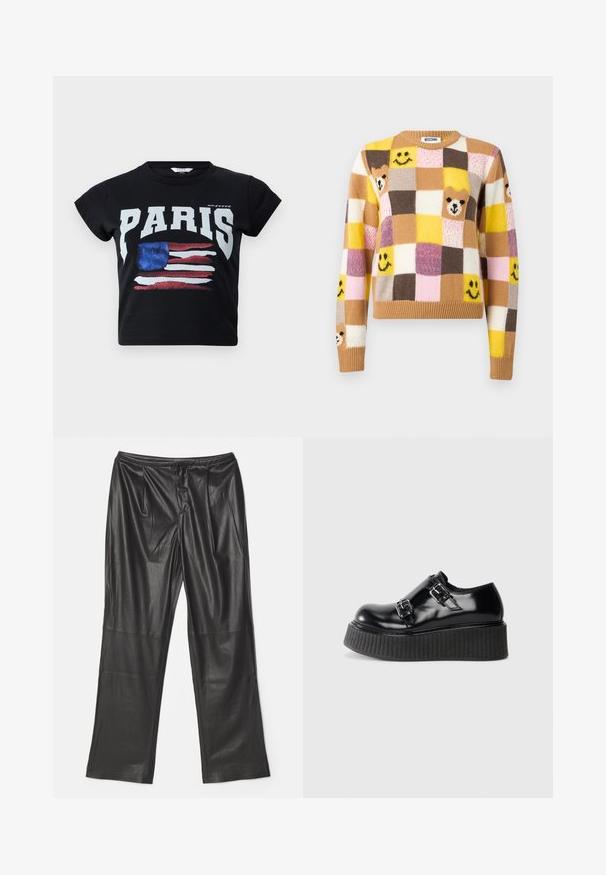 Patchwork-trøje med gule, brune, pink og cremefarvede firkanter, der har smilende ansigter og bamseansigter på fronten og ærmerne.; Sort bomulds t-shirt med "PARIS" i fede hvide bogstaver og et slidt amerikansk flag grafik i rød, hvid og blå. Korte ærmer.; Proenza Schouler White Label STRAIGHT LEG PANTS - Bukser - black; Sort, blankfunderet platform sko med tykk struktureret sål og to sølv spænder i siden, vist i profil på en hvid baggrund.