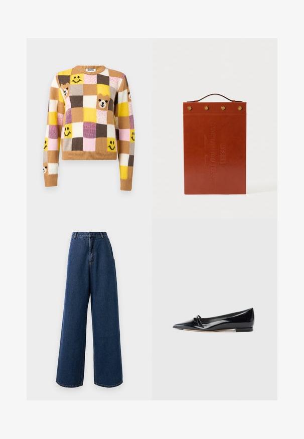 Patchwork-trøje med gule, brune, pink og cremefarvede firkanter, der har smilende ansigter og bamseansigter på fronten og ærmerne.; Højtaljede brede jeans i mørkeblå denim med frontknap og lynlås, bæltestropper og sidelommer.; Sorte patentlæder flade sko med spids tå, lille dekorativ rem og lav blokhæl. Glat tekstur og strømlinet design.; Brun læder dokumentmappe med en flad rektangulær form, præget tekst, et håndtag i toppen og guldfarvede metal detaljer.
