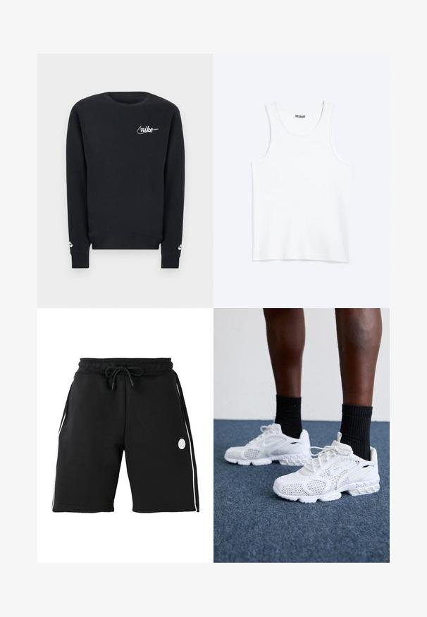 Must pikkade varrukatega ümara kaelusega dressipluus valge Nike logoga rinnal ja varrukaotstes, lihtsa disainiga, soonikkoes ääred ja varrukapitsid.; Valge varrukateta topp ümarate kaelusava ja Weekday kaubamärgiga sildiga seespool kaeluse tagaosast, esitatud lamedana heledal taustal.; Mustad põlvpikkused lühikesed püksid elastse vöökohaga ja nööriga, valgete vertikaalsete küljeribadega ning väikese ümmarguse logoga vasakul reiel.; Valged spordijalatsid, millel on võrkmaterjalist pealne, tekstuuriga detailid ja pehme tallaga. Koos mustade ribadena sokkidega sinisel vaipkattega pinnal.