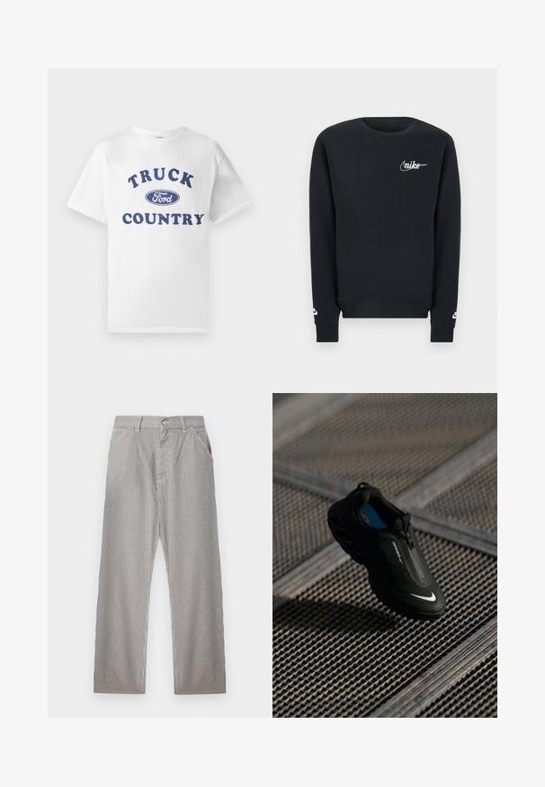 Schwarzer langärmliger Sweatshirt mit Rundhalsausschnitt, weißem Nike-Logo auf der Brust und an den Ärmelbündchen, schlichtes Design, gerippter Saum und Bündchen.; Weißes Baumwoll-T-Shirt mit blau bedrucktem Text "TRUCK COUNTRY" und einem blauen ovalen "Ford"-Logo in der Mitte. Kurze Ärmel und Rundhalsausschnitt.; Herren-Hosen mit vertikalen schwarzen und weißen Nadelstreifen, vorderer Knopfverschluss, Gürtelschlaufen und Seitentaschen.; Schwarzer Nike Air Max Schuh mit einem eleganten Design, Reißverschluss, strukturiertem Obermaterial und auffälligem weißem Logo an der Seite, vor einem Gitterhintergrund.