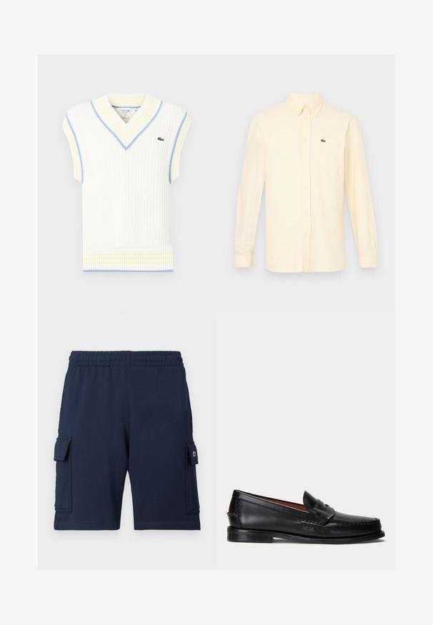 Gilet sans manches côtelé blanc avec un col en V, orné de rayures bleues et jaunes autour du col et de l'ourlet ; petit logo vert sur la poitrine.; Chemise crème à manches longues avec col et poche poitrine, ornée d'un logo crocodile vert brodé.; Shorts cargo bleu marine en tissu doux, dotés d'une ceinture élastique, de deux poches latérales et d'un petit logo sur la poche gauche.; Mocassin en cuir noir avec un petit talon et une bride penny, vu de côté sur un fond gris clair.