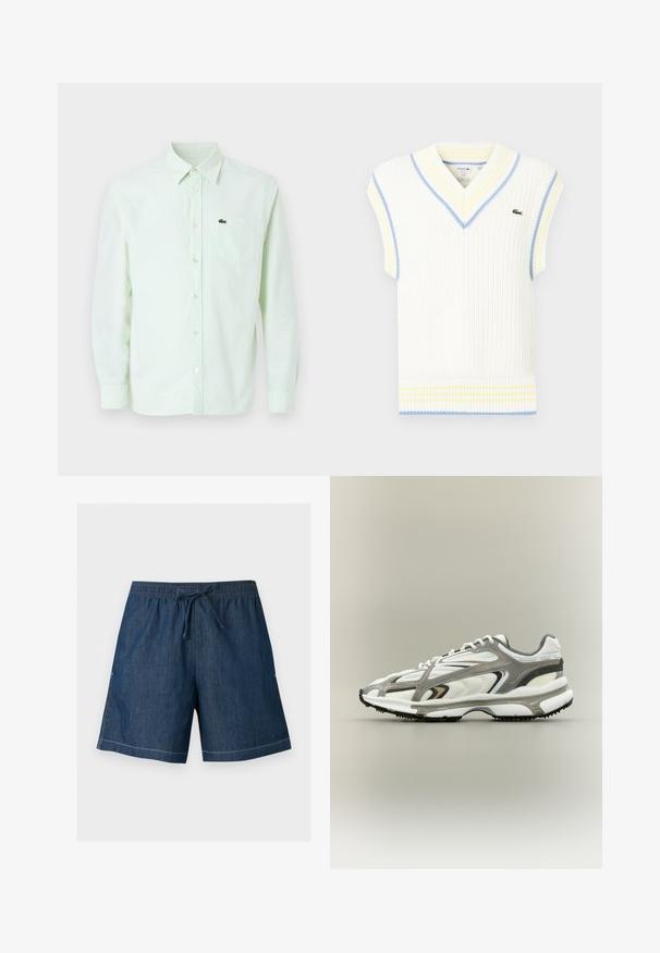 Gilet sans manches côtelé blanc avec un col en V, orné de rayures bleues et jaunes autour du col et de l'ourlet ; petit logo vert sur la poitrine.; Chemise à manches longues à rayures vert clair et blanches, avec col et poche poitrine ornée d'un petit logo crocodile.; Short en denim bleu foncé avec taille élastique et cordon de serrage à l'avant, coupe droite et surpiqûres blanches visibles le long de l'ourlet.; Chaussure de sport avec une tige en mesh blanc, des accents gris, une semelle en caoutchouc noire et un design épuré. Elle présente des lacets et des détails texturés.