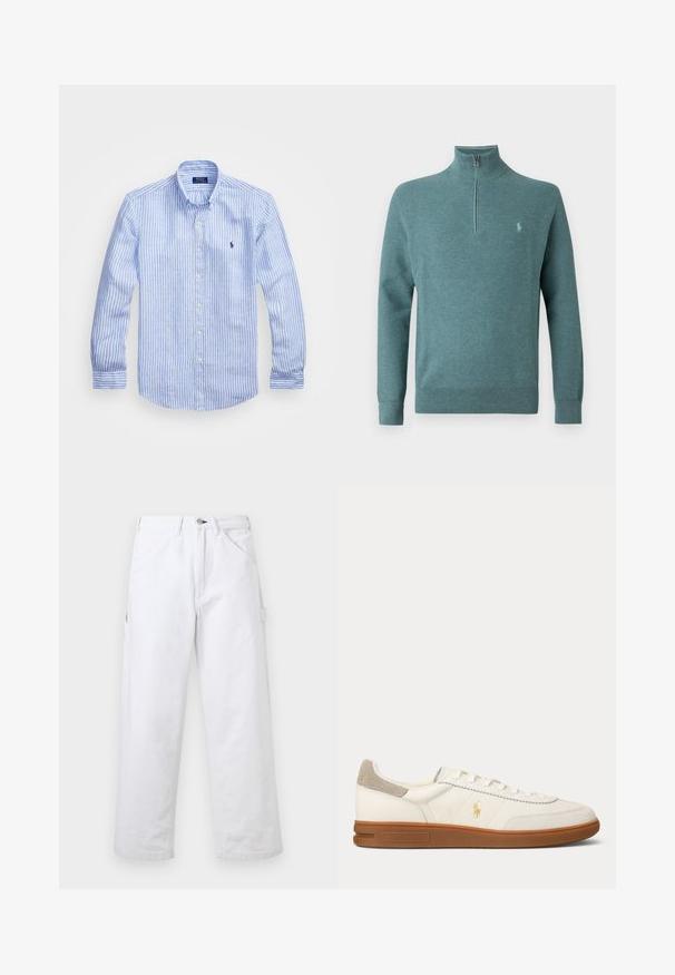 Pull en maille à manches longues couleur sarcelle avec une fermeture éclair d'un quart et un petit logo brodé sur le côté gauche de la poitrine.; Chemise à rayures bleues et blanches à manches longues en coton, dotée d'un col boutonné, de boutons sur le devant et d'un petit logo brodé sur la poitrine.; Pantalon blanc taille haute à jambes droites avec passants pour ceinture, poches avant, fermeture à boutons et une poche utilitaire latérale sur un fond uni.; Baskets basses en cuir blanc avec semelle en caoutchouc marron, patch en daim beige au talon et petit logo Polo doré sur le côté.