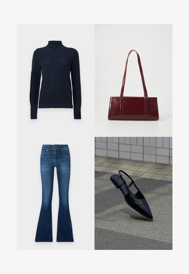 Marineblauwe turtlenecktrui met een gestructureerd breipatroon, lange mouwen en geribbelde manchetten en zoom. Glad stofafwerking.; Uitgebreide jeans van donkerblauwe denim. Voorzien van een sluiting met twee knopen, vijf zakken en vervagingdetails op de benen. Standaard taillebandontwerp.; Zwarte platte schoen met puntige neus en slingback, zwevend boven een asfaltoppervlak naast een betegeld trottoir.; Bourgondische handtas van glanzend materiaal, rechthoekige vorm, met twee schouderbanden en subtiele gebogen accenten aan de voorkant.