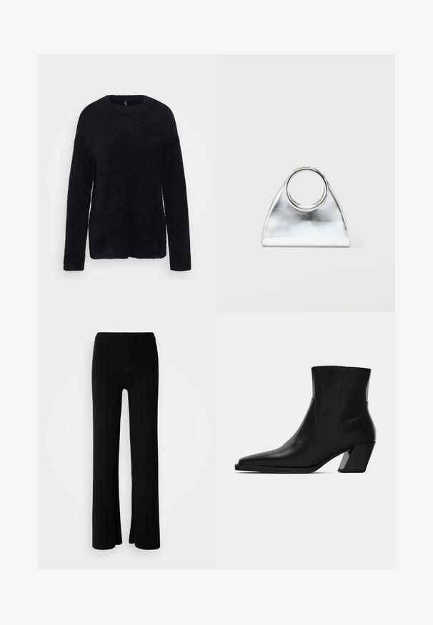 ONLY Tall ONLPETRA LOOSE O NECK - Strickpullover - black; Schwarze, weit geschnittene Hosen aus weichem Stoff, mit einer Knopfverschluss-Vornseite und einem glatten, unauffälligen Design.; Schwarze Leder-Stiefelette mit spitzem Zeh, schlanker Silhouette und klobigem quadratischem Absatz. Glatte Textur mit minimalen Nähdetails.; Silberne metallische dreieckige Handtasche mit rundem Metallgriff, vor einem schlichten weißen Hintergrund platziert.