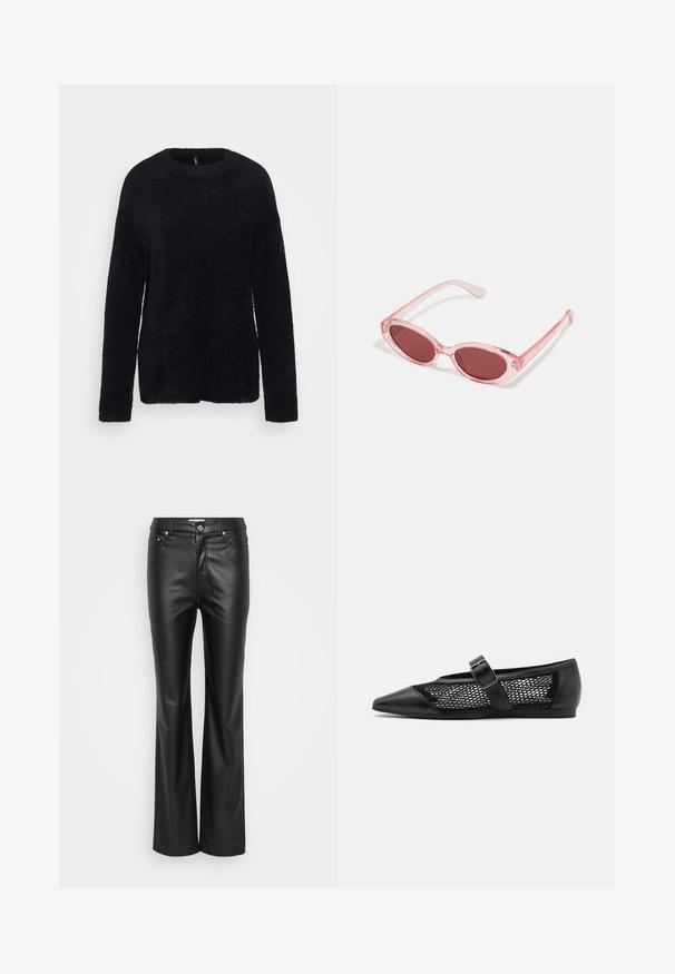 ONLY Tall ONLPETRA LOOSE O NECK - Πουλόβερ - black; Μαύρο φουξ δερμάτινο παντελόνι με φαρδιά γραμμή και λείο υφή, διαθέτει πέντε τσέπες, θηλιές ζώνης και μεταλλικό κούμπωμα στο μπροστινό μέρος.; Μαύρο επίπεδο παπούτσι με μυτερή μύτη, πλάγιες πάνελ από δίχτυ και λουράκι με λεπτομέρεια από αγκράφα. Λείος φινίρισμα στη μύτη και τις φτέρνες.; Ροζ διαφανή γυαλιά ηλίου με ωοειδείς φακούς, σκούρο κόκκινο τόνισμα και κομψούς βραχίονες, με απαλή υφή και διακριτές λεπτομέρειες στο σκελετό.
