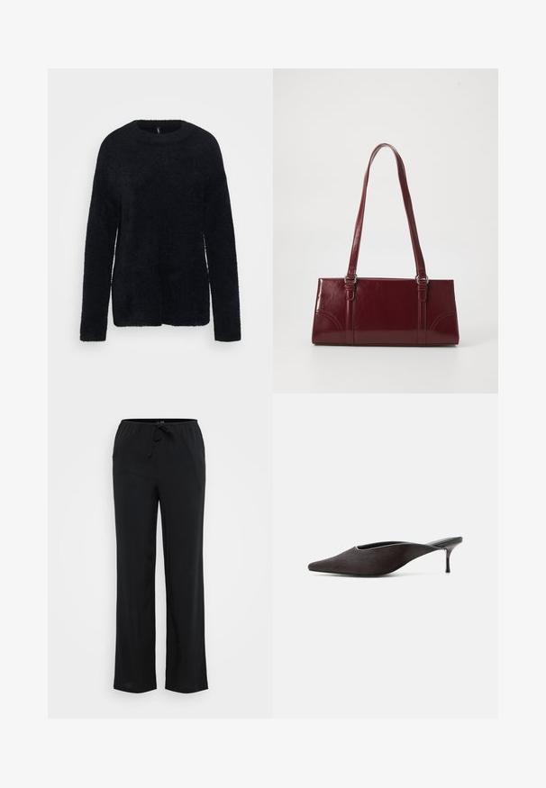 ONLY Tall ONLPETRA LOOSE O NECK - Πουλόβερ - black; Vero Moda Tall VMBERLIN WIDE PANEL - Παντελόνι - black; Μαύρο παπούτσι mule με μυτερή μύτη, χαμηλό τακούνι στιλέτο και λείο, γυαλιστερό φινίρισμα, εμφανιζόμενο από το πλάι σε λευκό φόντο.; Μπορντό τσάντα ώμου από γυαλιστερό υλικό, ορθογώνιο σχήμα, με δύο ιμάντες ώμου και λεπτές καμπύλες λεπτομέρειες στο μπροστινό μέρος.