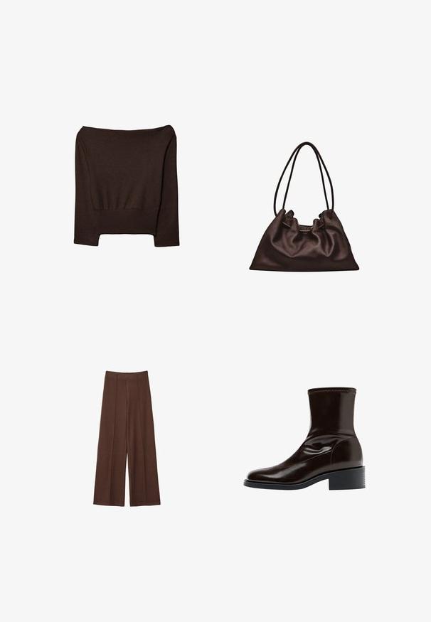 Brun cropped sweatshirt med off-the-shoulder halsudskæring, ribbet kant og glat tekstur. Har lange ærmer og en tætsiddende silhuet.; Brune bredbenede bukser lavet af blødt stof, med høj talje, vertikale sømdetaljer og en glat overflade.; Mørkebrun læderankelstøvle med firkantet tå, lav blokhæle og stikning langs øverste kant, vist i sideprofil.; Blød mørkebrun læderhåndtaske med en slasket form og to tynde skulderstropper mod en hvid baggrund.