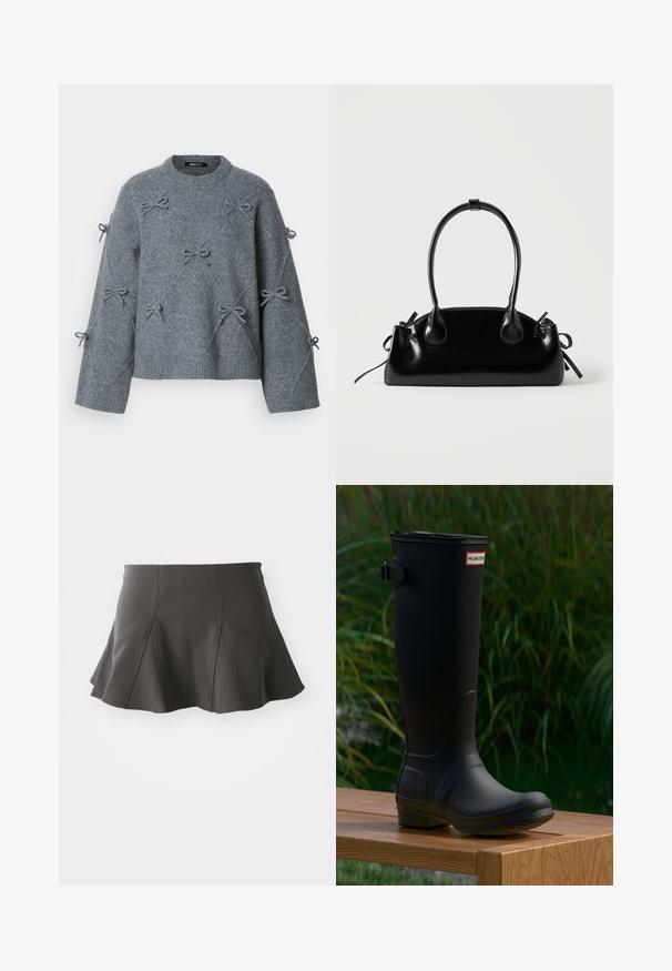 Grå strikket sweater med løs pasform, rund halsudskæring og dekorative sløjfer syet på forsiden og ærmerne. Blødt, tekstureret stof.; Sort flared nederdel med en tætsiddende talje, der har lodrette syninger og en glat tekstur. Sømmen er let buet og går lige over midten af låret.; Sort gummistøvle til knæene med rundt tå, let hæl og en spænde rem. Har "HUNTER" logoet på forsiden.; Lille sort blank håndtaske med to lange håndtag og snøre-detaljer i siden på en ensfarvet lys baggrund.