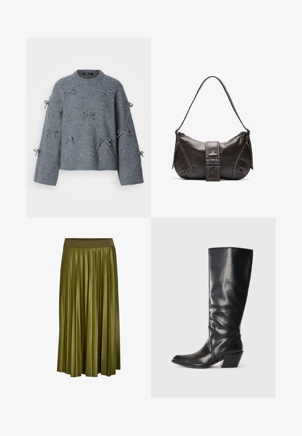 Grå strikket sweater med løs pasform, rund halsudskæring og dekorative sløjfer syet på forsiden og ærmerne. Blødt, tekstureret stof.; Kaki grøn plisseret midi nederdel med bred elastisk talje og glat stoftekstur.; Sorte læder knæhøje støvler med spids tå, vinklet hæl og glat tekstur. Funktioner en subtil syning langs siden.; Brun læder skuldertaske med en buet form, der har et fremtrædende spænde, kontrasterende syninger og en enkelt skulderrem.