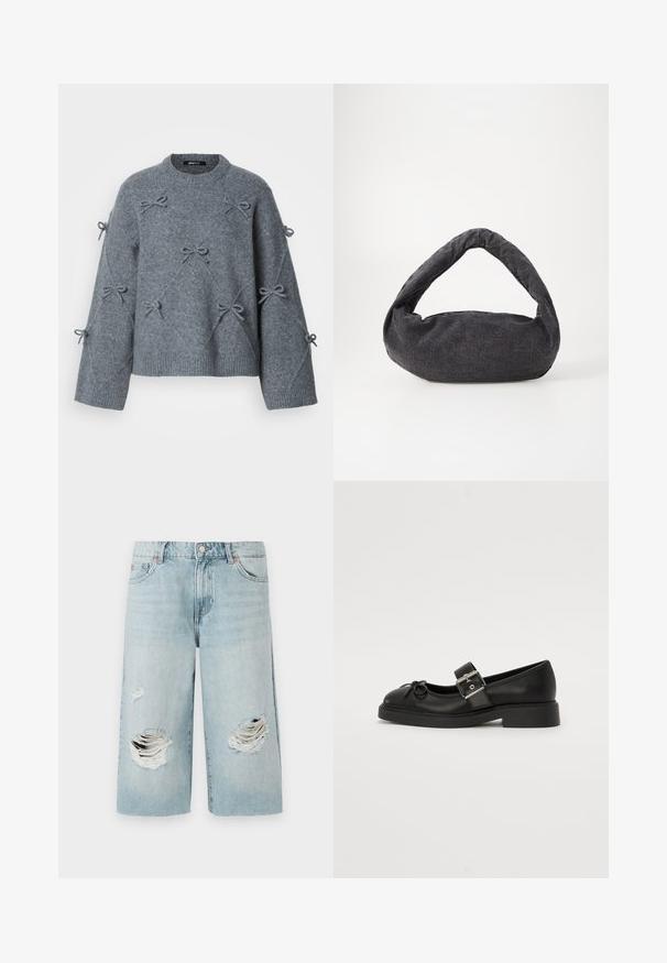 Grå strikket sweater med løs pasform, rund halsudskæring og dekorative sløjfer syet på forsiden og ærmerne. Blødt, tekstureret stof.; Lyseblå denimshorts med løs pasform, der har to store slidte huller foran. Fem lommer og en synlig metalknaplukning.; Sort læder Mary Jane-sko med rund tå, ankelrem og sølv spænde detalje. Har en flad, chunky sål og en sløjfe akcent.; Mørkegrå stofpose med et buet håndtag, blød tekstur og rund form. Ingen synligt hardware eller pynt.