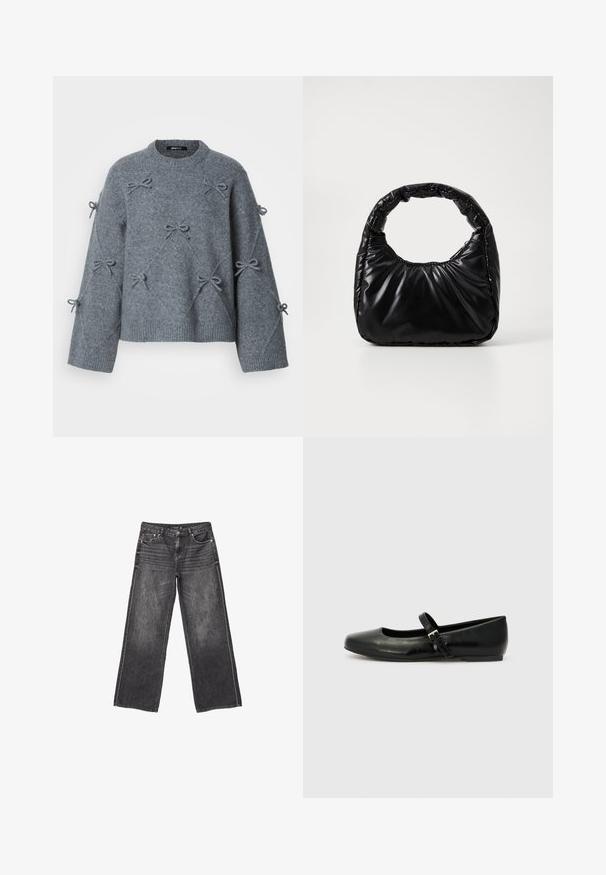 Grå strikket sweater med løs pasform, rund halsudskæring og dekorative sløjfer syet på forsiden og ærmerne. Blødt, tekstureret stof.; Mørkegrå denim jeans med vid ben, front- og baglommer, knaplukning og diskrete slidte detaljer.; Sorte læder balletflade med rund tå, flad sål og en tynd justerbar rem over svangen med en metalspænde.; Sort polstret håndtaske med et rundt håndtag, der har en glat, skinnende overflade og en blød, kviltet tekstur. Ingen synlige hardware eller accenter.