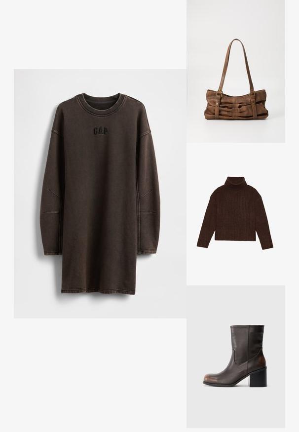 Brun ribbet turtleneck sweater med lange ærmer og cropped silhuet, med et tykkere, struktureret strikdesign.; Brun oversized sweatshirt-kjole lavet af blødt materiale, med rund halsudskæring og broderet "GAP"-logo på brystet.; Mørkebrune læderstøvler til midt på læggen med rund tå og blokhæl, der viser subtile slidte detaljer på tå- og hælområder.; Even&Odd Håndtasker - brown