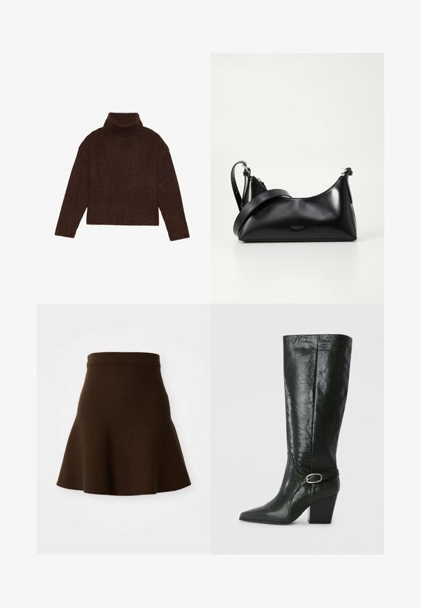 Brun ribbet turtleneck sweater med lange ærmer og cropped silhuet, med et tykkere, struktureret strikdesign.; Brun udvidet nederdel lavet af et blødt stof med en glat tekstur. Har en tætsiddende talje og et knælangt design, uden synlige mønstre.; Grøn læderknæhøj støvle med spids tå, blokhæl og dekorativ rem med en sølvspænde detalje. Glat tekstur med glans.; Sort læderhåndtaske med en glat tekstur. Har en justerbar stropp og et enkelt, minimalistisk design med lynlås.
