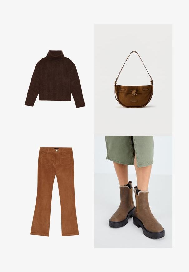 Brun ribbet turtleneck sweater med lange ærmer og cropped silhuet, med et tykkere, struktureret strikdesign.; Brune fløjlsbukser med udvidet ben, der har en ribbet tekstur, knaplukning foran og to baglommer.; Brune læder ankelstøvler med gummisål, blød foring og elastiske sideindsatser. Har en lav blokhæl og en glat overflade.; Brun ruskind skuldertaske med læderkant og bindelukning, med en enkelt rem og "Marc O'Polo" mærkat foran.