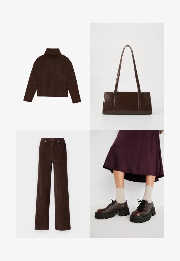 Jersey marrón con cuello alto de canalé, de mangas largas y silueta cortada, que presenta un diseño de punto grueso y texturizado.; Vero Moda VMTESSA WIDE PANTS - Pantalones - chocolate torte; Zapatos de plataforma de cuero marrón con suelas negras gruesas, combinados con calcetines beige acanalados con bordes en forma de ondas, sobre un fondo apagado.; Bolso de mano de piel sintética marrón con forma rectangular, dos asas largas y sutiles acentos curvados en la parte delantera.