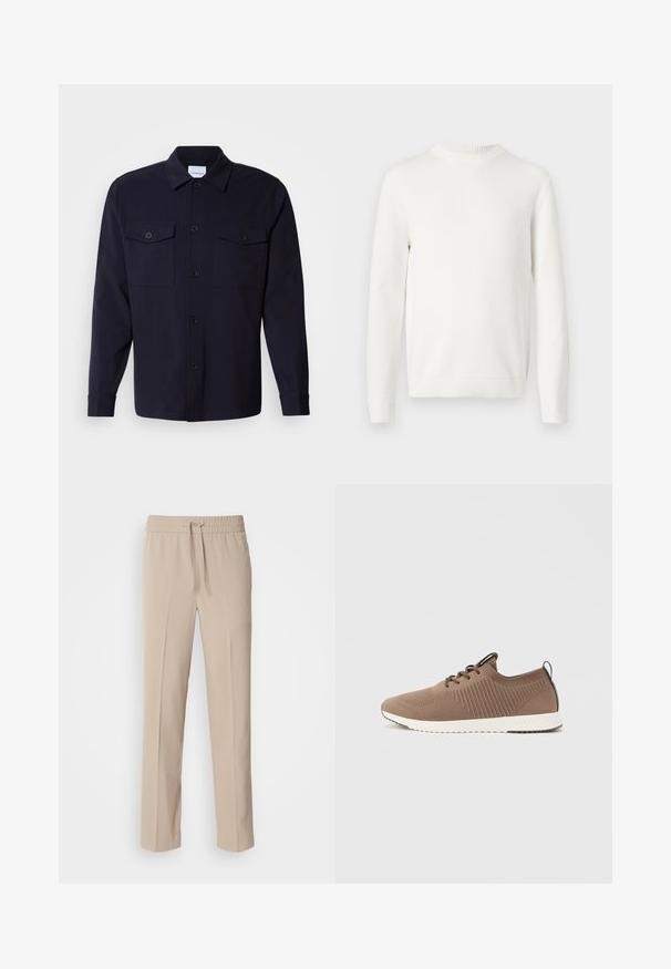 Hvid langærmet strikket sweater med ribbet rund hals, manchetter og kant, vist fladt på en hvid baggrund.; Marineblå skjortejakke lavet af blødt stof, der har to brystlommer, knaplukning foran og lange ærmer med knapmanchetter.; Beige, afslappede bukser lavet af blødt materiale, med elastisk talje og snøre samt lige ben med minimale detaljer.; Brun strikket sneakers med hvid sål, snørelukning foran og teksturerede sidepaneler, vist i profil på en lys grå baggrund.