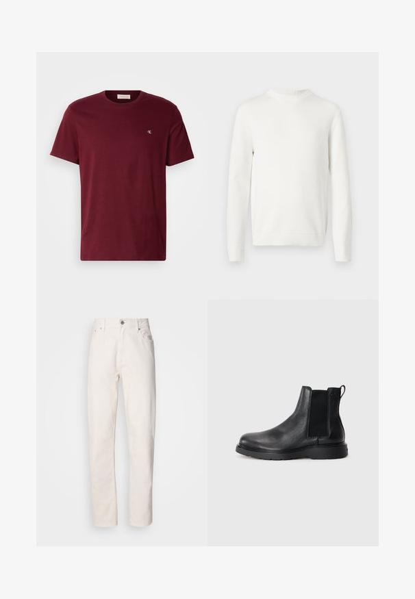 Suéter de punto blanco de manga larga con cuello redondo, puños y dobladillo acanalados, presentado plano sobre un fondo blanco.; Camiseta de cuello redondo color burdeos, hecha de algodón, con mangas cortas y un pequeño logo blanco en el lado izquierdo del pecho. Textura suave.; Jeans de denim blanco de pierna recta con cierre de botón y cremallera, lazos para cinturón y bolsillos delanteros y traseros, mostrados sobre un fondo liso.; Botas Chelsea de cuero negro con acabado texturizado, paneles laterales elásticos y una suela de goma resistente. Marca sutil en el talón.