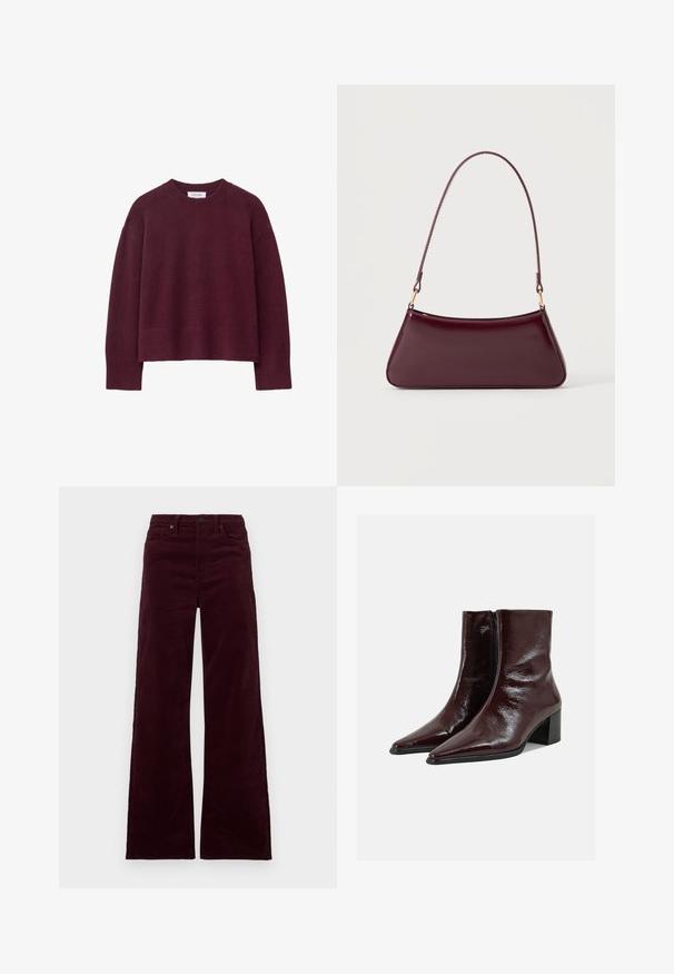 Bordeaux strikket sweater med en ribbet rund hals, oversized pasform og brede ærmer, lavet af et blødt, struktureret stof.; Bordeauxfarvede fløjlsbukser med vid ben og høj talje, som har lynlås, knaplukning og sidelommer. Glat tekstur med lodrette ribber.; Skinnende mørkebrune læderankelstøvler med spidse tæer, sidelås og blokhæl på en ensfarvet lys grå baggrund.; Mørk burgunderglans håndtaske med et enkelt tyndt håndtag og en elegant, trapezformet form på en ensartet lys baggrund.