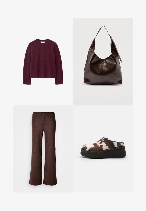 Bordeaux strikket sweater med en ribbet rund hals, oversized pasform og brede ærmer, lavet af et blødt, struktureret stof.; Brune flagrende bukser i et blødt, suede-lignende stof. Har fire lommer, en knaplukning og en glat, tekstureret overflade.; Brune og hvide ko-print platform-træsko med en blød overdel, rund tå og en holdbar sort gummisål. Sømløs detaljering ved bunden.; Mørkebrunt, skinnende læder skuldertaske med en enkelt bred rem og spændedetalje på den ene side, sat mod en ensartet lys baggrund.