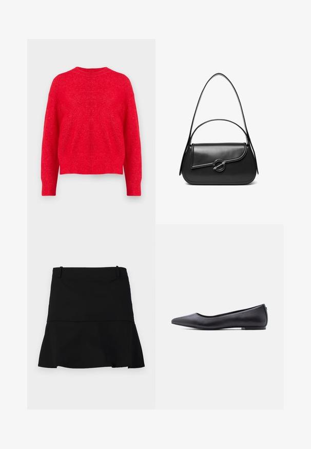 Pull en tricot rouge avec un col rond, des épaules tombantes et des poignets et un ourlet côtelés. Texture douce avec une coupe légèrement ample.; Jupe noire courte avec un léger évasement à l'ourlet et des passants de ceinture à la taille sur un fond blanc.; Chaussure plate en cuir noire à bout pointu avec petit talon, vue de profil sur fond blanc.; Sac à bandoulière en cuir noir avec un rabat incurvé fermé par un fermoir métallique rond et une sangle fine et ajustable.