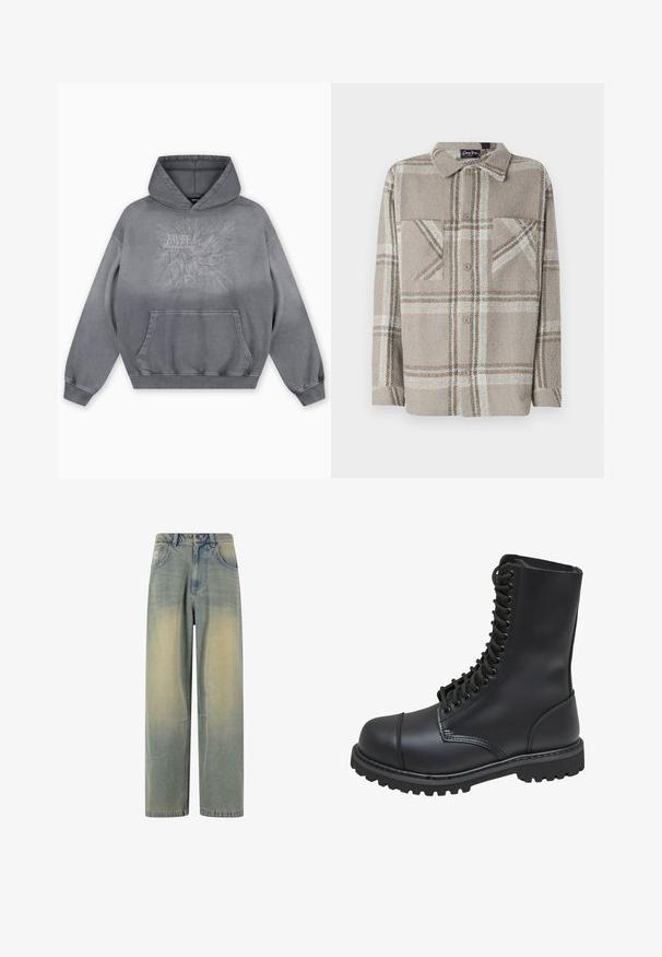 Sivá mikina s kapucňou s textúrovanou potlačou "FAVELA Worldwide" a dizajnom orla, predným klokanie vreckom a rebrovanými manžetami.; Sean John SCRIPT LOGO OVERSHIRT - Košeľa - beige; Svetlomodré široké džínsové nohavice s vyblednutým gradientom, obsahujúce päť vreciek a klasický pás s pútkami na opasok.; Čierne kožené bojové topánky s vysokým zvrškom, šnurovaním vpredu, polstrovaným golierom a robustnou štruktúrovanou podrážkou pre lepšie gripovanie. Obsahuje zosilnenú špičku.