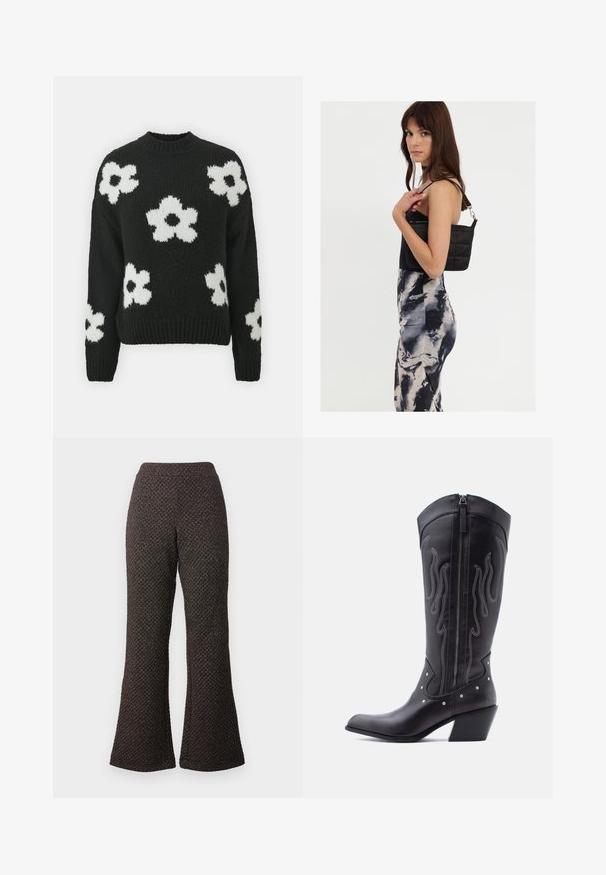 Suéter de punto negro con patrones de flores blancas, cuello redondo y puños y dobladillo acanalados. Fabricado en un suave tejido texturizado.; Pantalones negros acampanados hechos de un tejido texturizado con un diseño de punto, que cuentan con una cintura alta y piernas anchas.; Botas vaqueras de cuero negro con puntera puntiaguda, costuras visibles, detalles de tachuelas plateadas y cierre de cremallera en el lado interior.; Bolso de hombro negro acolchado con una sola correa y herrajes plateados, combinado con un vestido ajustado de patrón tie-dye en tonos de negro y crema.
