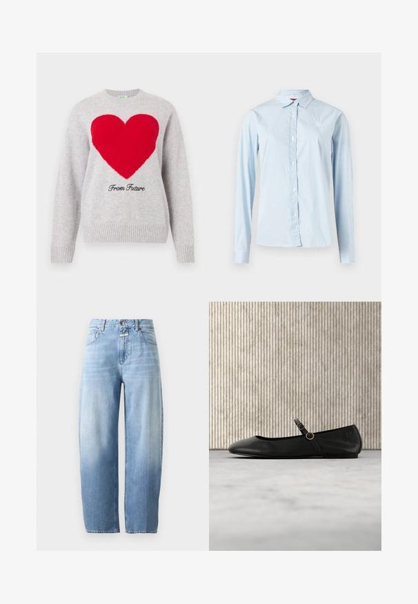 Pull en maille gris clair avec un grand cœur rouge sur la poitrine et "From Future" écrit en dessous en cursive noire.; Chemise bleu clair à manches longues avec rayures blanches verticales, boutonnée à l'avant, col pointu et petit logo sur la poitrine.; Jean en denim bleu clair avec une taille haute, des jambes larges et droites, un bouton devant et des poches sur un fond uni.; Ballerine en cuir noir avec bout arrondi, dotée d'une fine lanière et d'une boucle circulaire dorée. Texture lisse et design minimaliste.